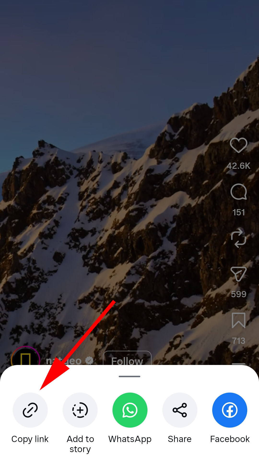 The Copy link option in the Instagram share menu