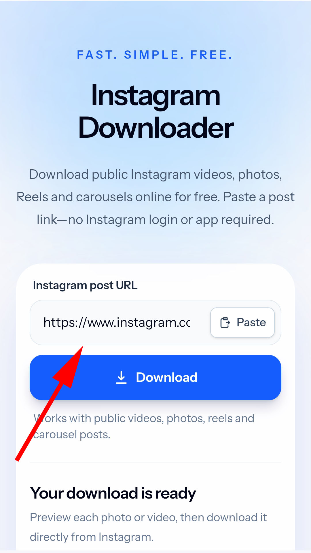 An Instagram link pasted into FromInsta.net before downloading